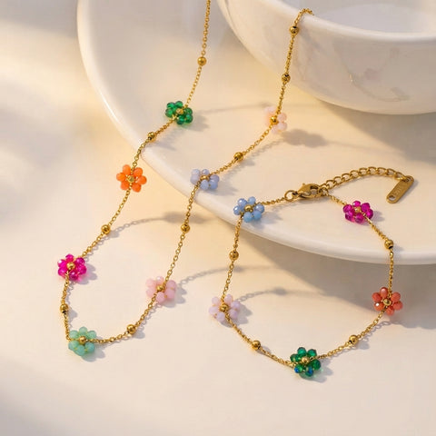 Set de Collar y Pulsera Flores de Primavera De Acero Inoxidable Bañado en Oro