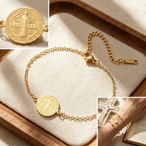 Pulsera Medalla de San Benito en Acero Inoxidable, Laminado Resistente - Protección y Elegancia Diaria