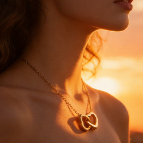Collar con Doble Corazón Entrelazado de Acero Inoxidable, Laminado Resistente