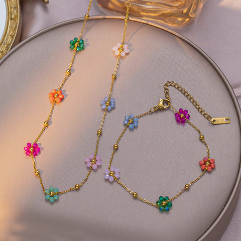 Set de Collar y Pulsera Flores de Primavera De Acero Inoxidable Bañado en Oro