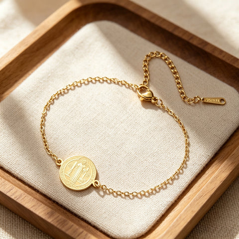 Pulsera Medalla de San Benito en Acero Inoxidable, Laminado Resistente - Protección y Elegancia Diaria
