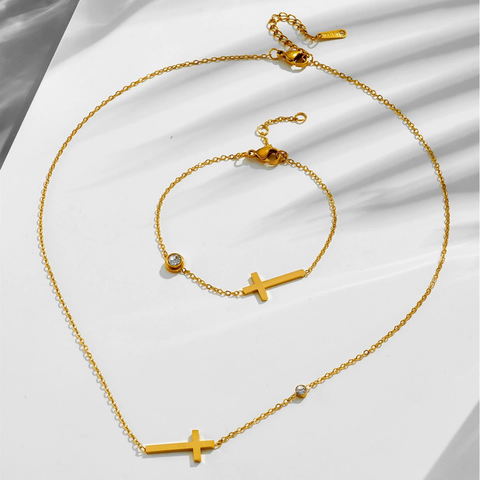 GildLoop™ | Collar Gargantilla + Pulsera Con Cruz Oro Laminado 18K De Acero Inoxidable Chapada En Oro De 18K Para Mujer Con Cruz Pequeña 🛒🔥🎁 |Envío GRATIS - 40% DE DESCUENTO|