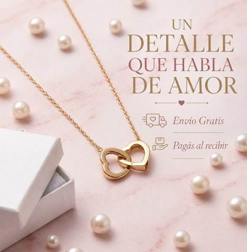 Collar con Doble Corazón Entrelazado de Acero Inoxidable, Laminado Resistente